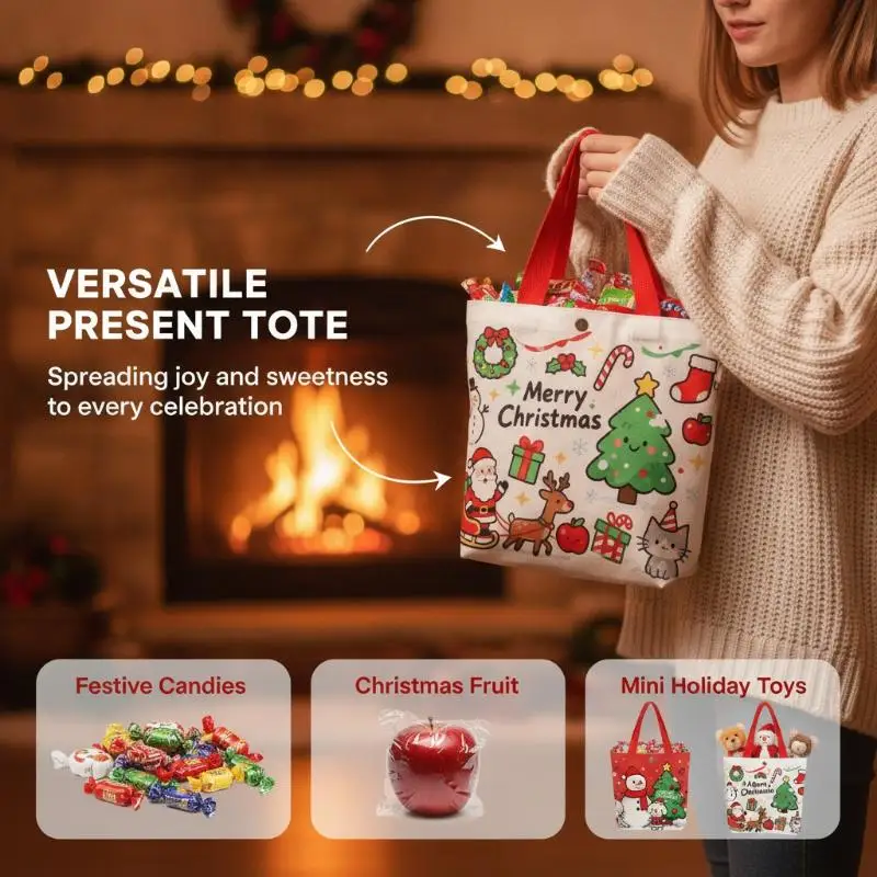 Christmas Canvas Shopping Tote Bags Santa Snowman Pattern Reusable Large Capacity for Xmas Gift Wrapping