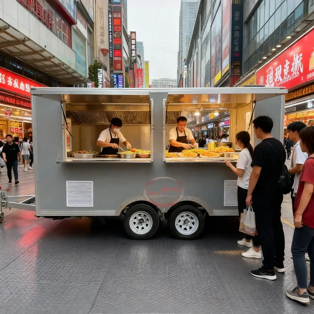 

Light Gray Outdoor Food Trailer with Two Flip-Up Windows for Catering Business Mobile Kitchen Trailer