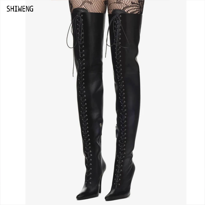 

2024 Women Sexy Over The Knee Boots Sexy Fashion Lace Up High Heel Thigh Boots Black Ladies Long Boot 44