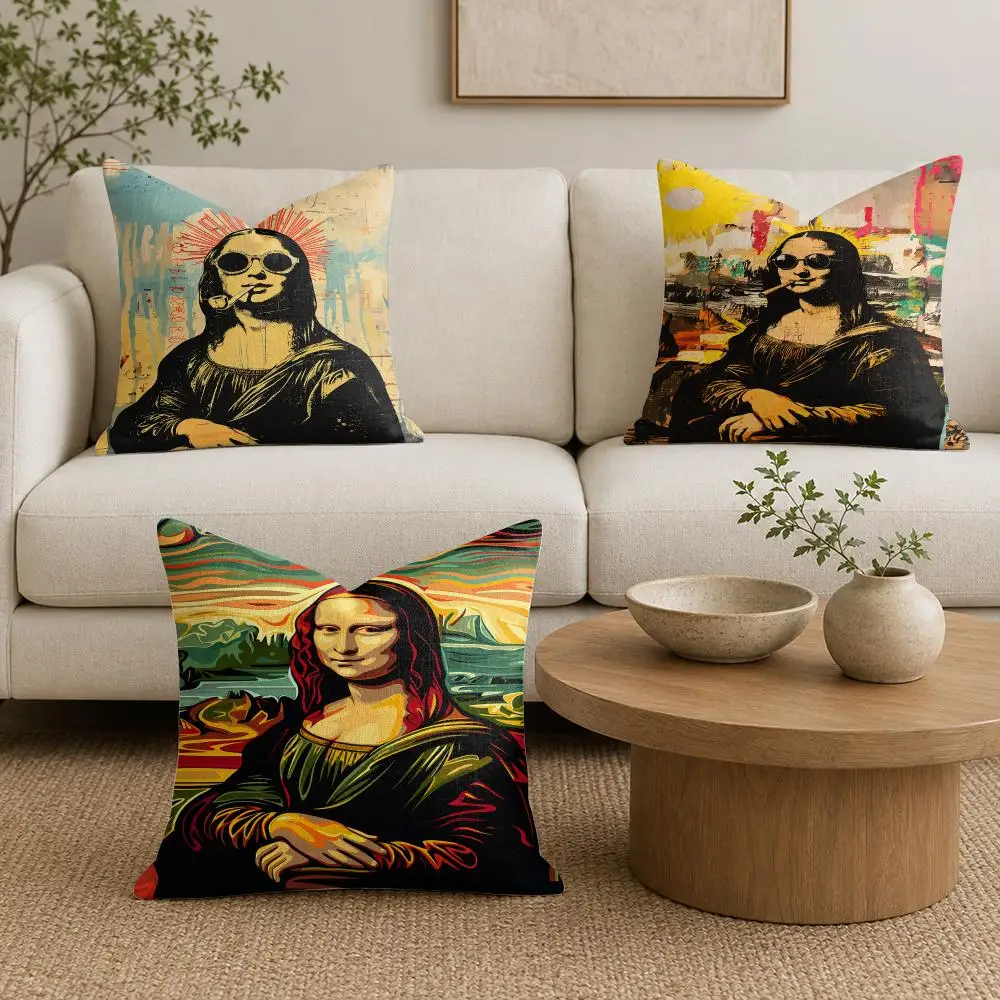 Pop Mona Lisa Art Cushion Cover Natural Linen Organic Fabric Double-Sided Printing Sofa Home Decor Gift Pillow Cover