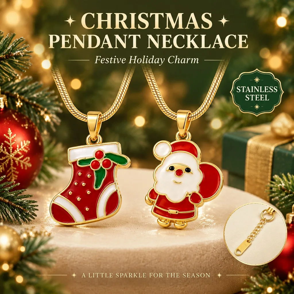 Christmas Pendant Necklace Stainless Steel Santa Claus Stocking Charm Festive Holiday Jewelry Gift Stainless Steel