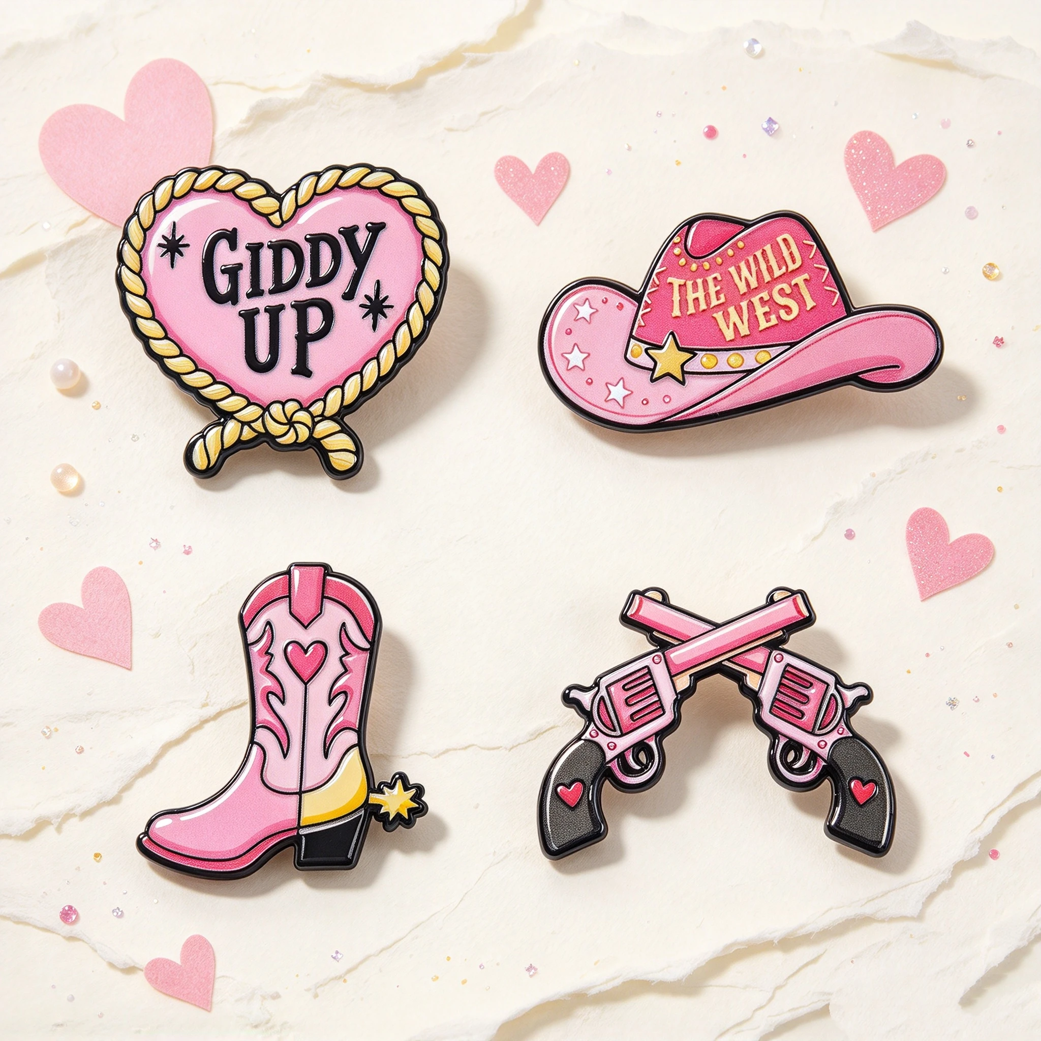 4Pcs Vintage Western Style Metal Brooch, Girly Pink Cowboy Element Enamel Pin, Collectible Jewelry for Fans