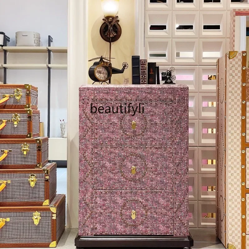 

A90 Light luxury fashion solid wood leather case pink dining side cabinet bedroom living room decorative cabinet