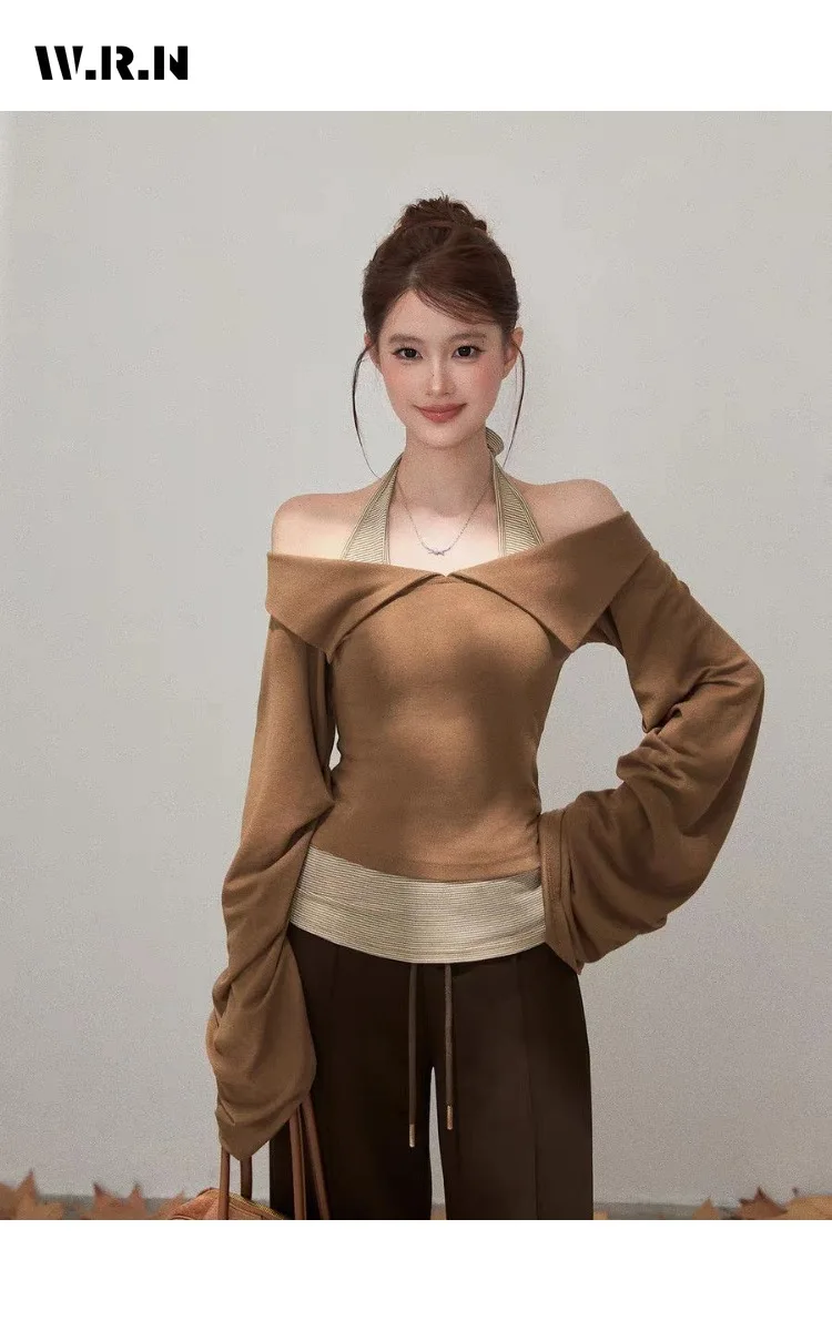 

Милые сексуальные футболки с длинными рукавами на шнуровке и открытыми плечами, женские повседневные модные футболки-футляры в милом стиле, кокетливые топы