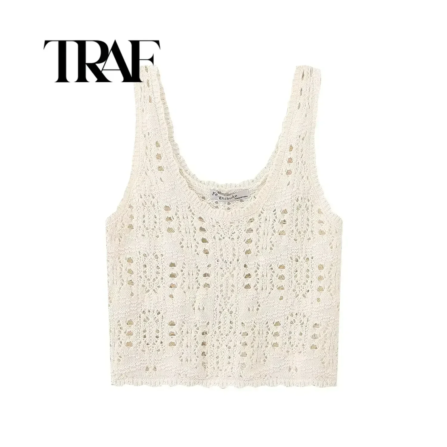 TRAF Women Fashion Beige Hollow Out Knitted Pullover Vest Vintage O-Neck Sleeveless Female Chic Lady Tank Tops 6771/103