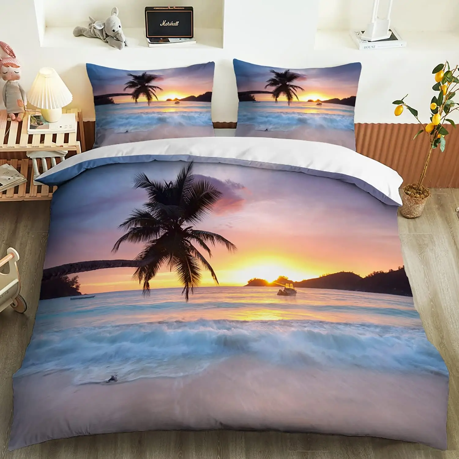 

Ocean Theme Beach Duvet Cover Coastal Comforter Set with Coral Starfish Seashell Pattern Wave Design Bedding Accessories