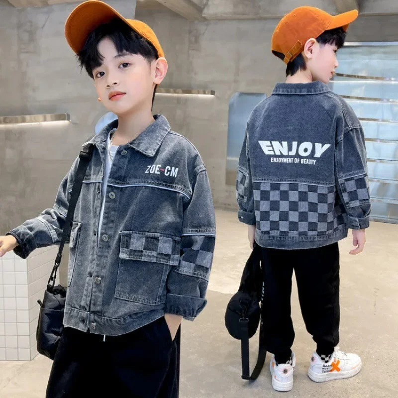 Boys Denim Coat For Kids Grid Printed Children Outerwear Spring Autumn Teenagers Warm Jacket Baby Sports Clothing