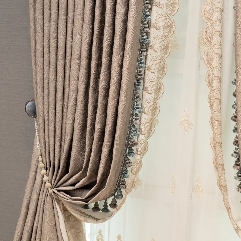 Custom gorgeous modern rey coffee jacquard shading advanced of floor-to-ceiling  thick cloth blackout curtain tulle drape C1768