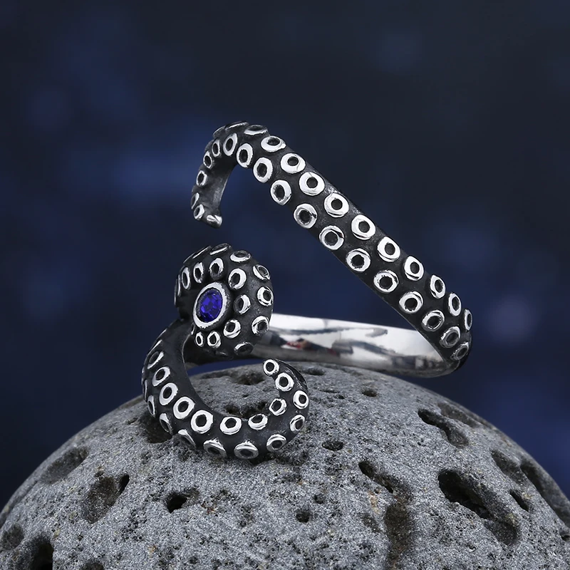 Fashion Men Rings WIth Blue Zircon Stainless Steel Vintage Octopus Style Irregular Pattern Trendy Accessories For Man Women Gift