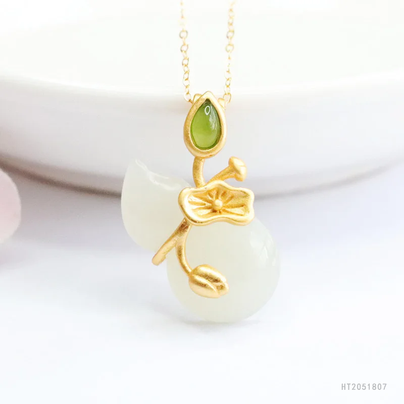 

S925 Silver Gourd Pendant Natural White Hetian Jade Necklace Lucky Charm HT2051807