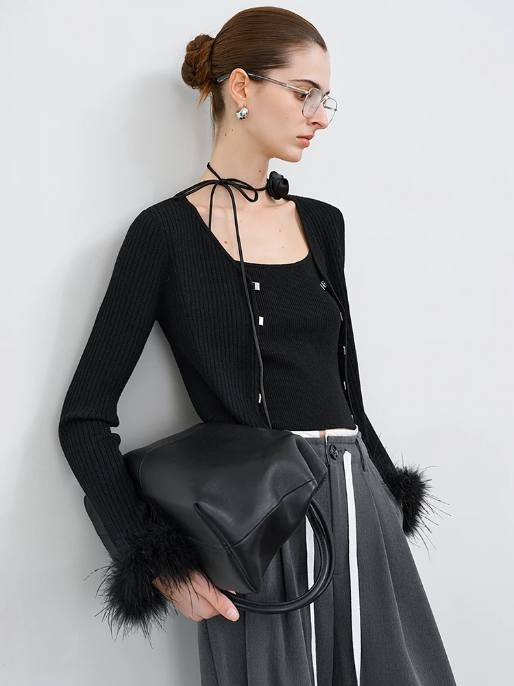 FSLE【Premium Series】Elegant Ostrich Feather Sleeve Sweater For Women 2025 Spring New Design Chic Outfit 25FS11091