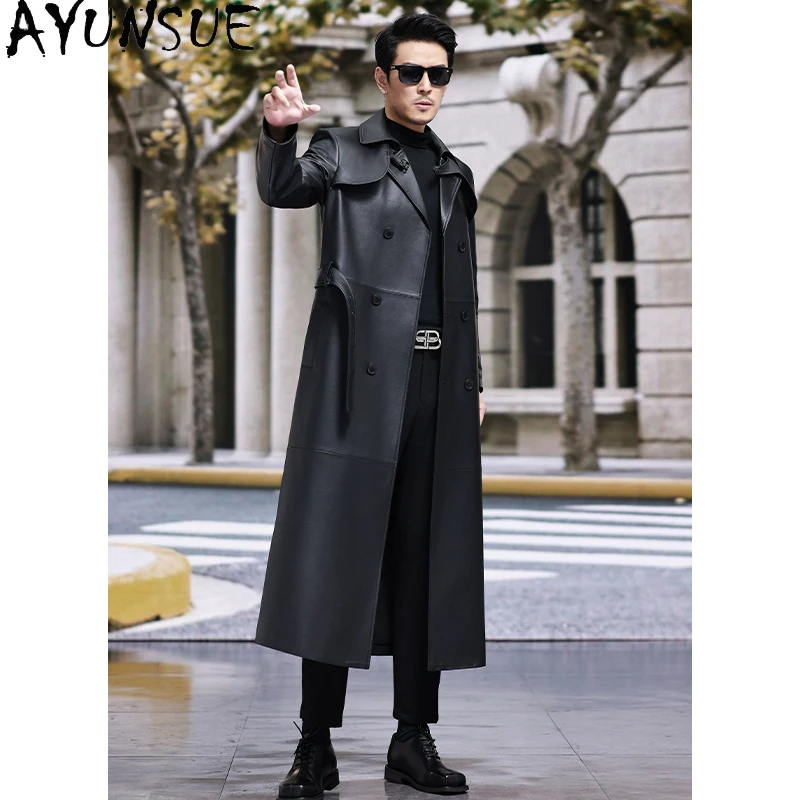 AYUNSUE Real Sheepskin Leather Jackets for Man 2025 Autumn Winter Long Leather Trench Coat Double-breasted Windbreaker with Belt