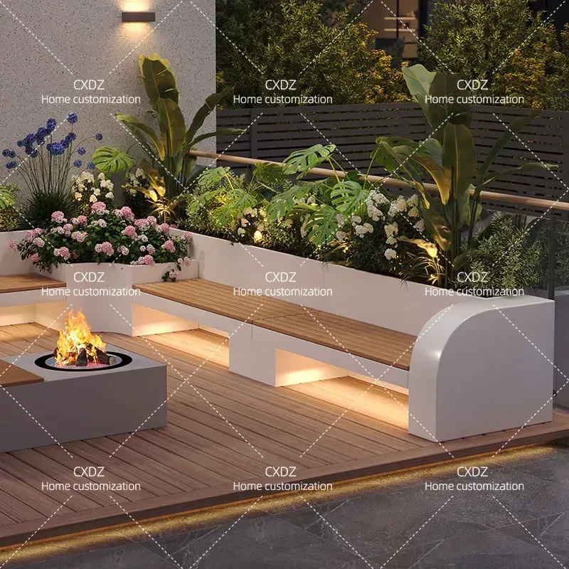 Stainless Steel Flower Box with Seat Stool Wrought Iron Garden Planter Fence Partition Courtyard Planting Box Customizable