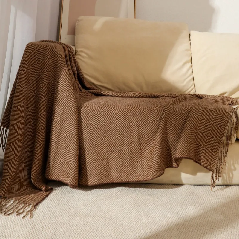 Chinese Style Knitted Throw Sofa Cover Blanket for Bed Brown Herringbone Patterned Tassel Yarn Blanket Summer Thin Nap Blanket