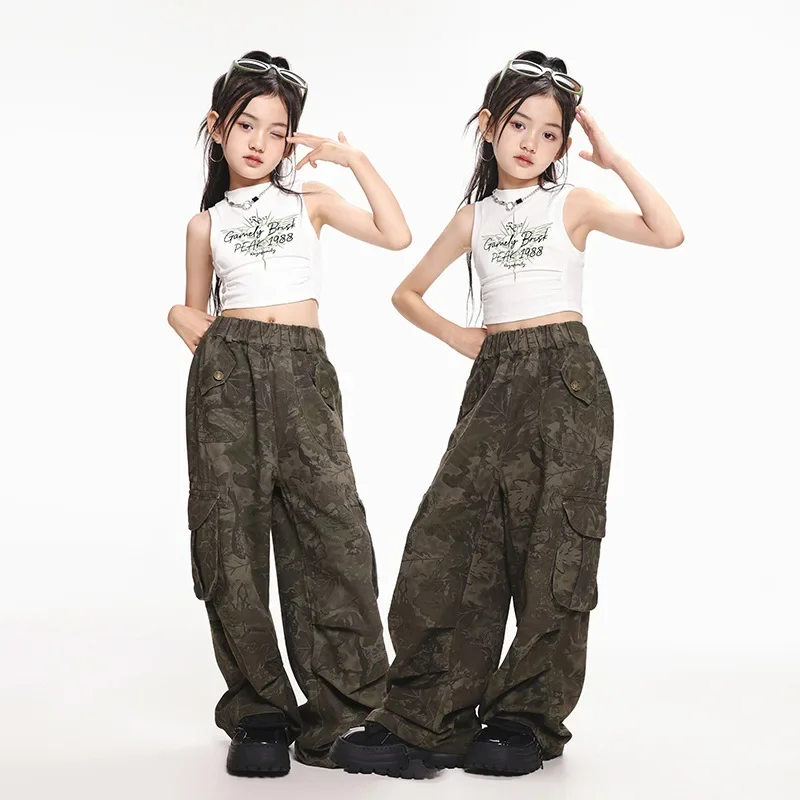 

Jazz Dance Girl Clothes Kpop Costume Crop Tops Vest Camouflage Shuffle Pants Children Stage Outfit Fashion Show Streetwear