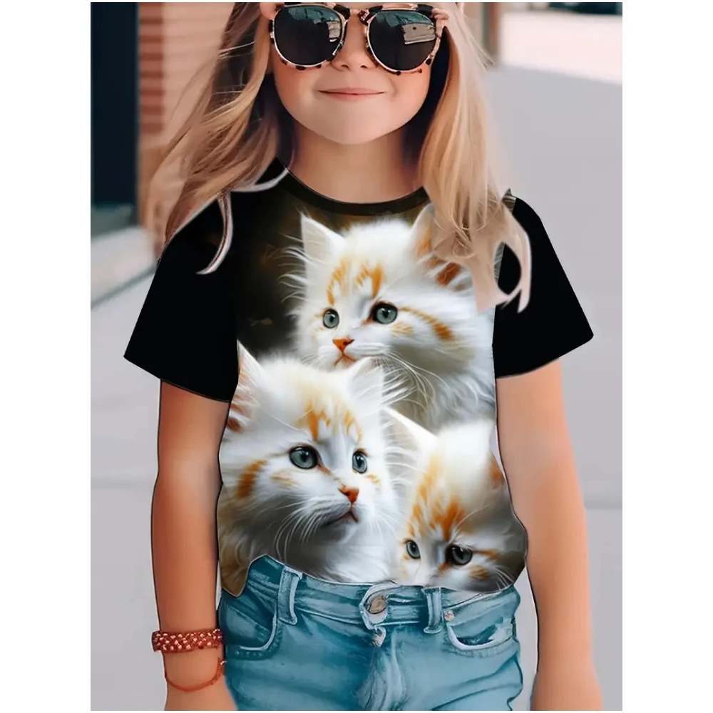Girl Clothes Cute Cat Short Sleeves Graphic T Shirts 3D Print Summer Outdoor Clothes for Children Tops T-Shirt for Girls 2-10Y