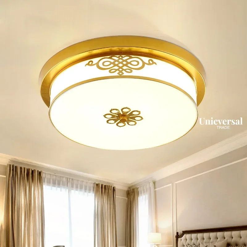 

Modern bedroom simple ceiling lamp living room creative light luxury retro carved gold round ceiling lamp