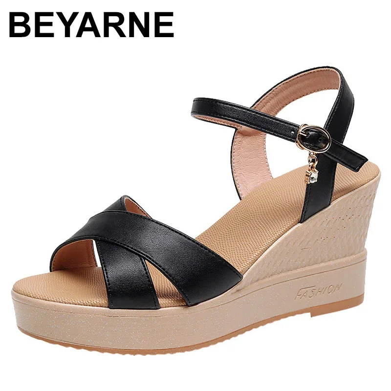 

8cm All Match Comfortable Soft Leather Sandals Platform Wedges Shoes Summer Womens High Heels Sandals for Office Mom Beach