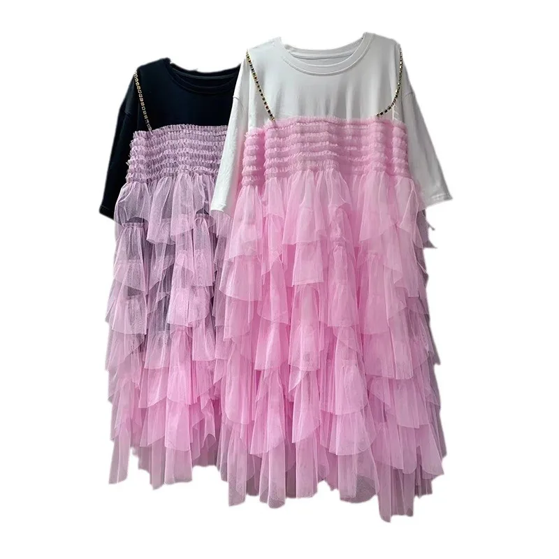 Girly Style Tulle Dress Summer New Round Neck Short Sleeve T-shirt Stitching Dress Female Fake Two Pieces Leisure Cake Dress