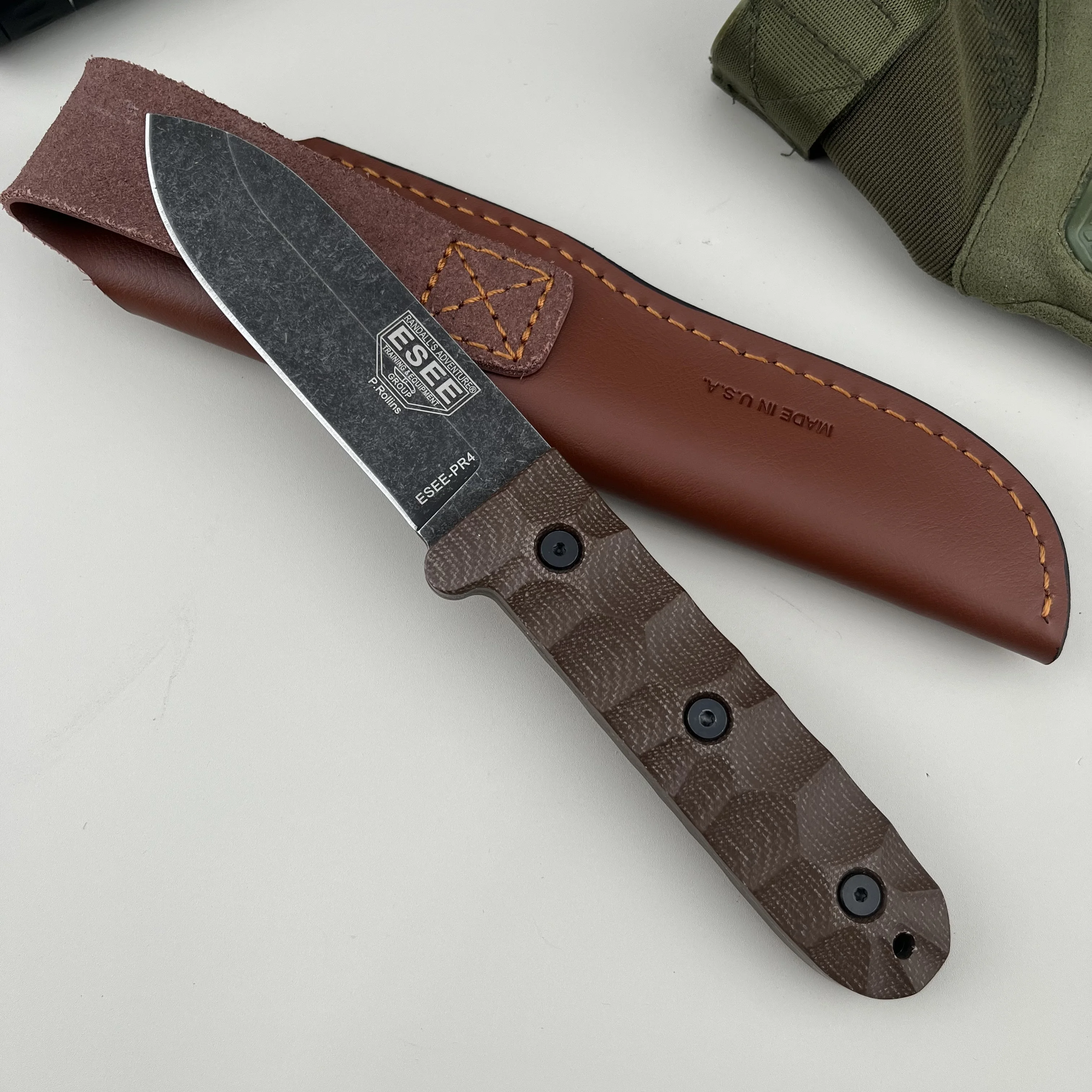 

PR4 Multi-Purpose Outdoor Fixed Knife – D2 Steel Blade Linen Handle Leather Sheath – Perfect for Hiking Camping & Everyday Carry