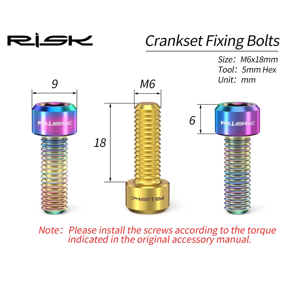 RISK 2pcs/box M6x18 Hollow Mountain Road Bike Bicycle Chainwheel Crank Arm Fixing Bolts Disc Brake Caliper Fixed Screws Titanium