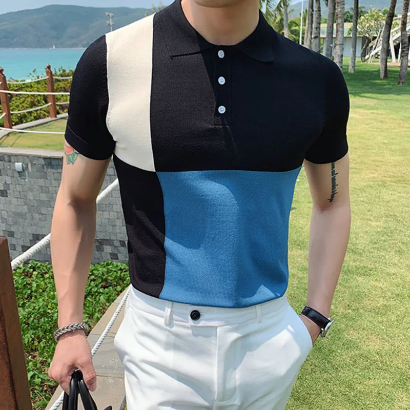Men's Polo Shirt slim fit stripe stitching business casual shirt fashion shirts for men knitted polo shirt summer Essentials