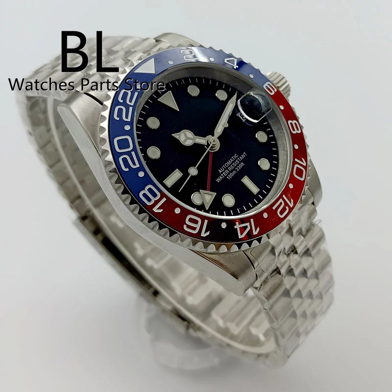 BLIGER 40mm Dive Automatic Men Watch NH34 GMT Black Dial Red GMT Letter Jubilee Bracelet Red Blue Pepsi Color Ceramics Bezel