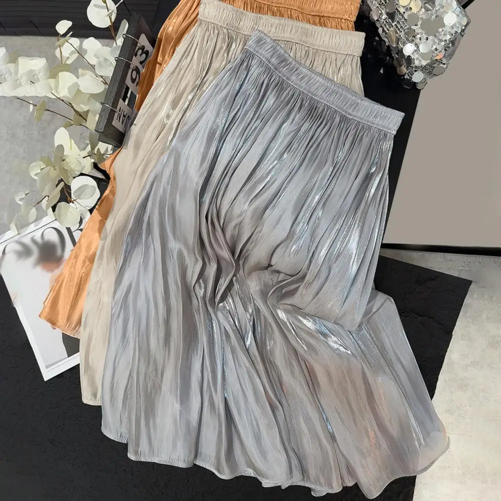 

Women Maxi Skirt Elastic High Waist Pleated A-Line Skirt Glossy Pearlescent Yarn Chiffon Pleated Skirt Spring Office Long Skirts