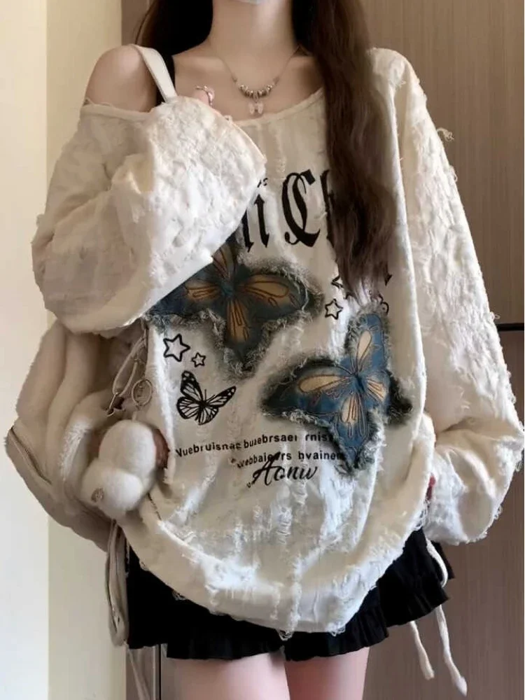 تي شيرت حريمي مرقع ممزق أمريكي عتيق أنيق مكشوف الأكتاف فضفاض مناسب كل مباراة كسول حلو حار بنات الخريف شخصية