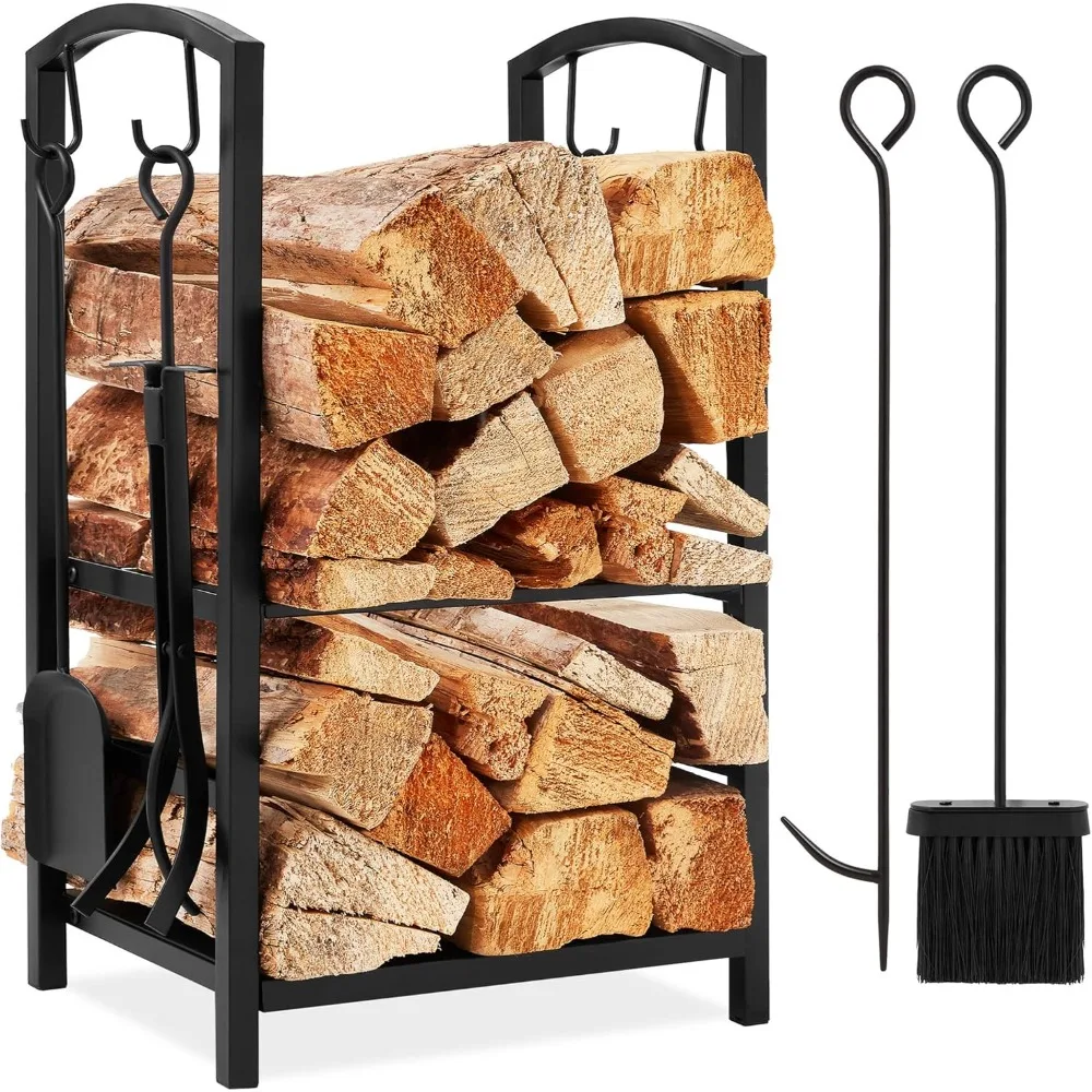 

5-Piece Indoor Outdoor Wrought Iron Firewood Log Storage Rack Holder Firepit Tools Set for Fireplace, Fire Pit, Stove w/Hook,