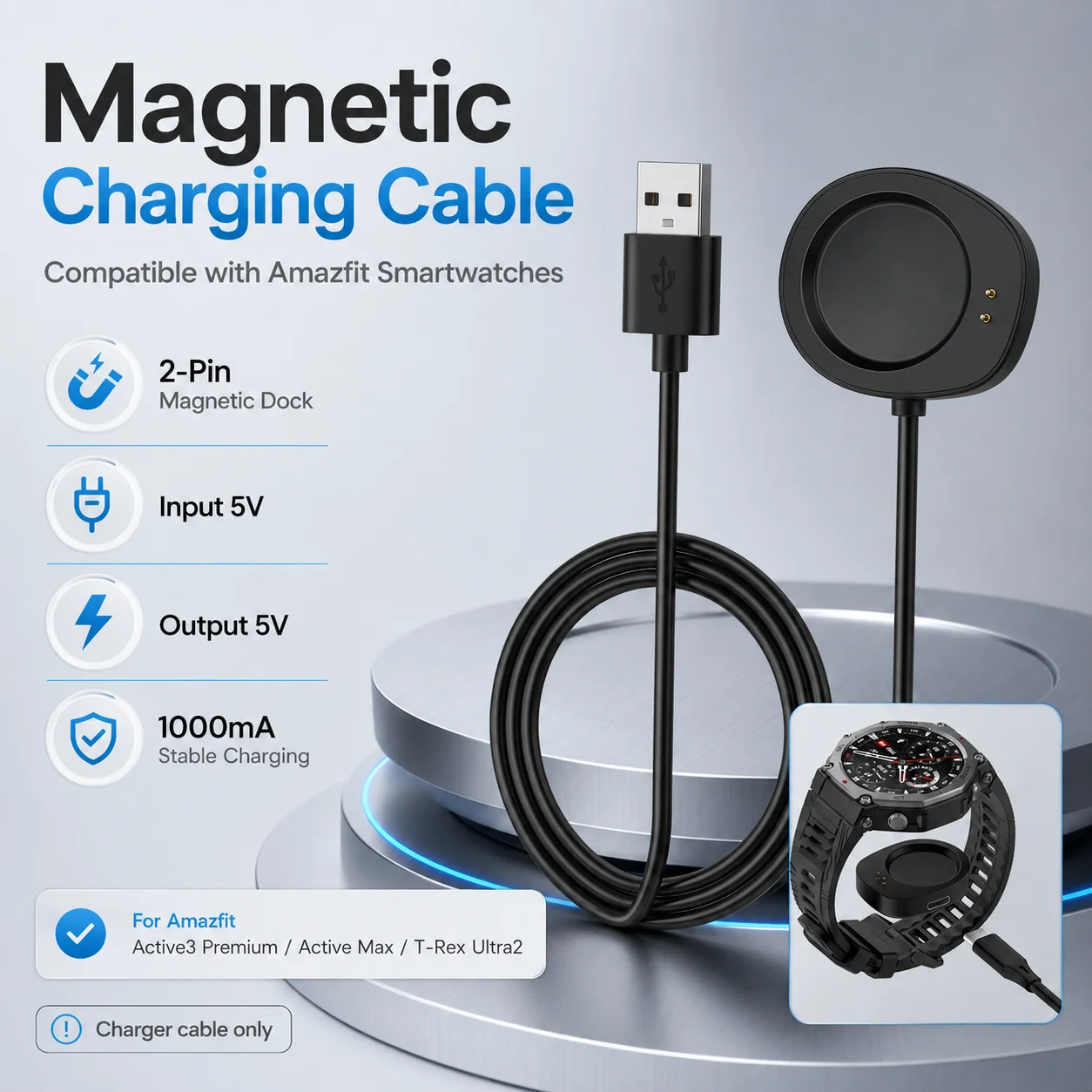Carregador para Amazfit Active3 Premium, Active Max, T-Rex Ultra2, Base de Carregamento para Smartwatch, Cabo Magnético