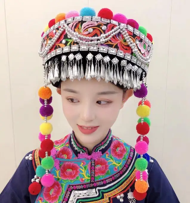 Chinese Hani Nationality Women Dance Hat Folk Stage Colourful