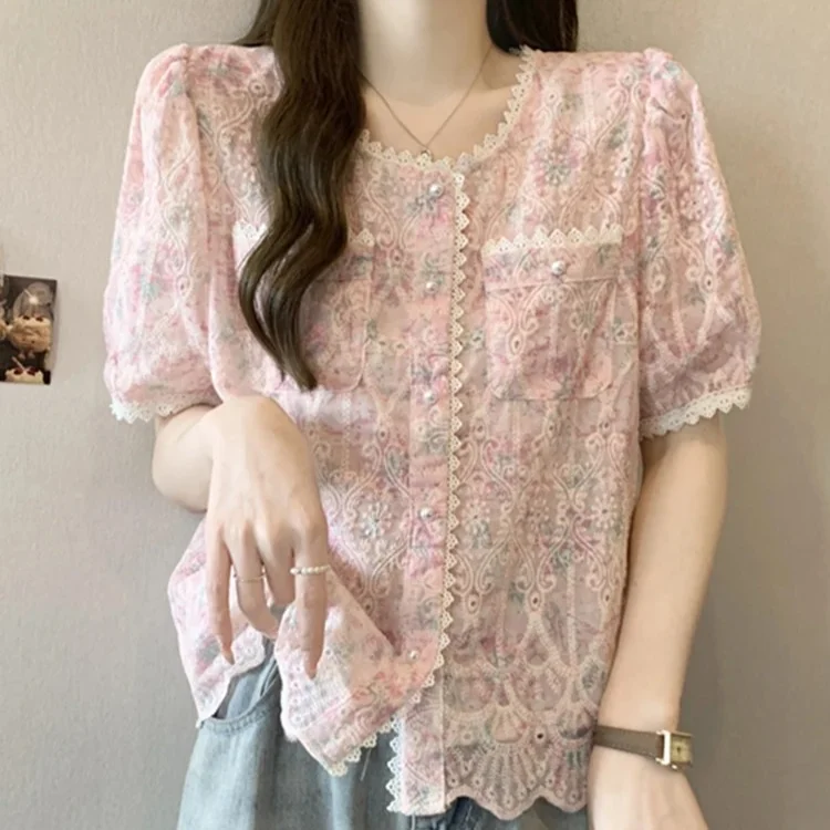 

Small Fragrance Blouse O Neck Puff Sleeve Single Breasted Pockets Embroidery Shirts Summer 2025 Elegant Women Clothing