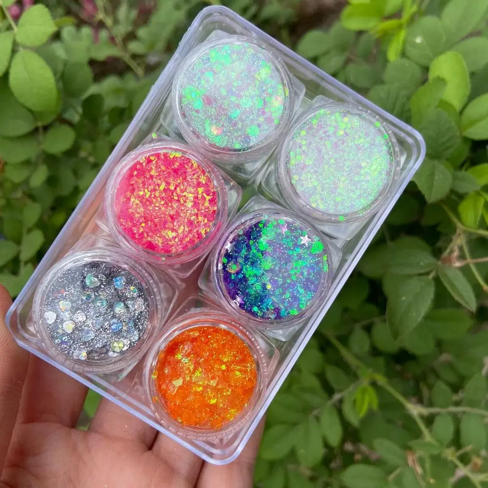 6 potten/set mode kleurrijke oogschaduw glittergel podium gezicht haar lichaam nagel glitter gel geen lijm vereist festival make-up