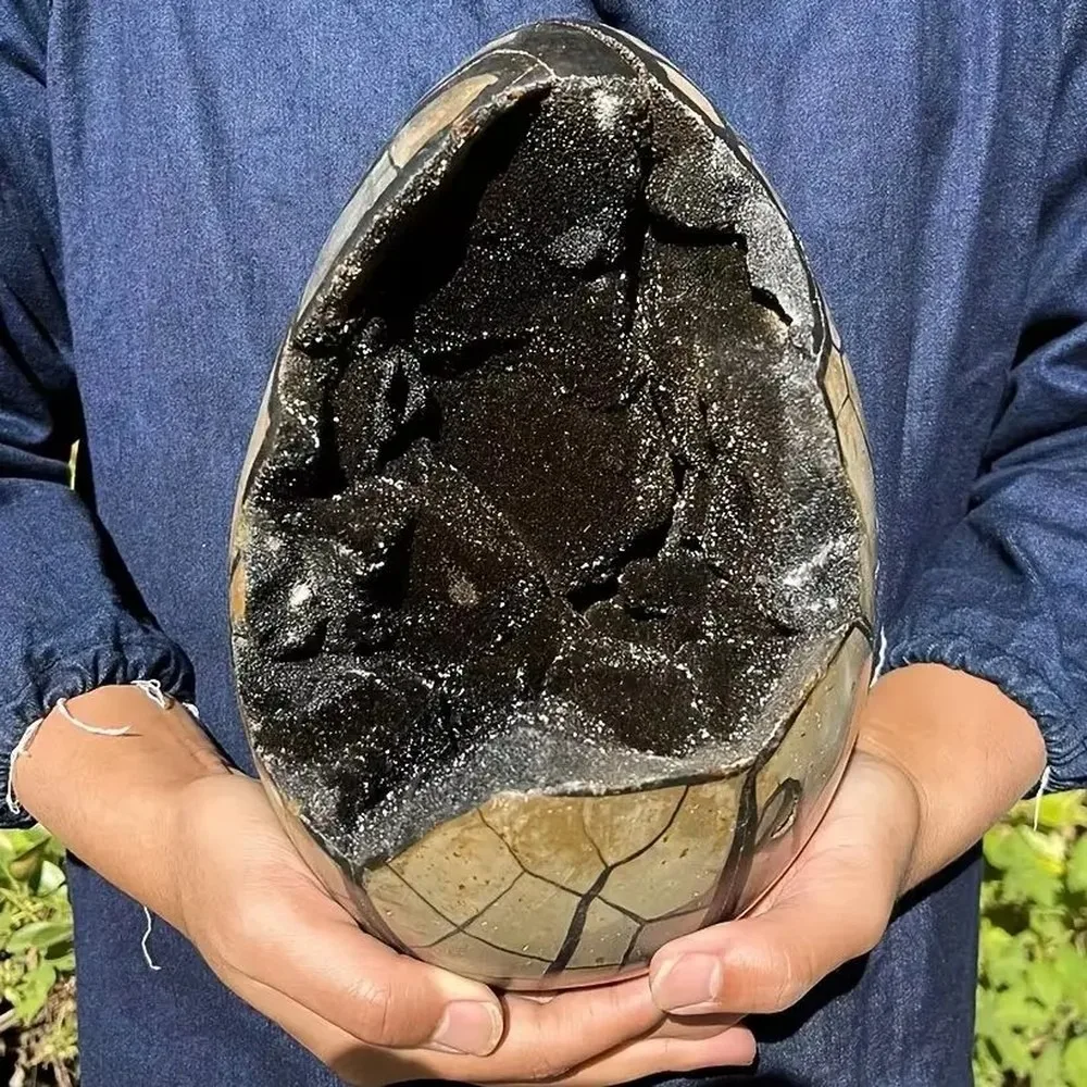 Natural Black Septarian Geode Crystal Egg - Mixed Minerals Quartz Stone for Altar Decor, Spiritual Prayer & Witchcraft