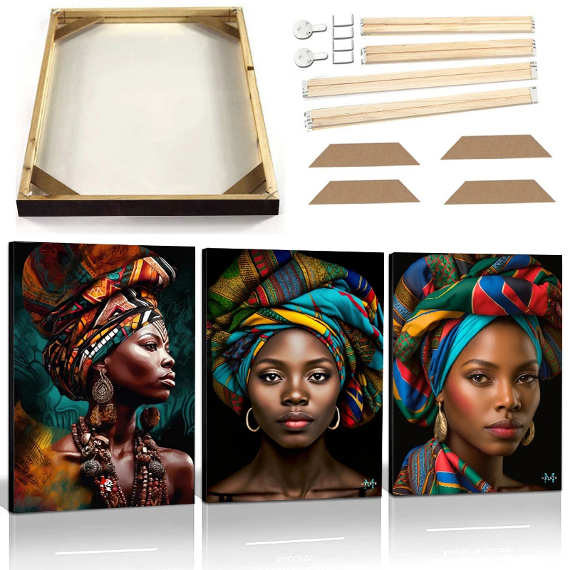 African Woman Art Canvas Painting with Frame Fashion Turban Woman Portrait Poster Prints Colorful Figure Wall Picture Home Decor