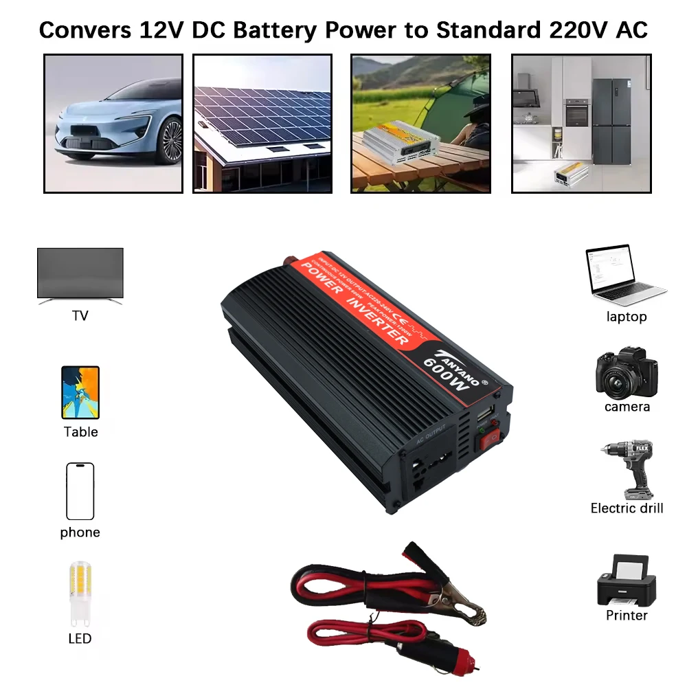 600 واط عاكس الطاقة المحمولة سيارة العاكس عاكس للطاقة الشمسية USB تيار مستمر 12 فولت إلى التيار المتناوب 220 فولت تحويل USB مشبك بطارية مقبس عالمي