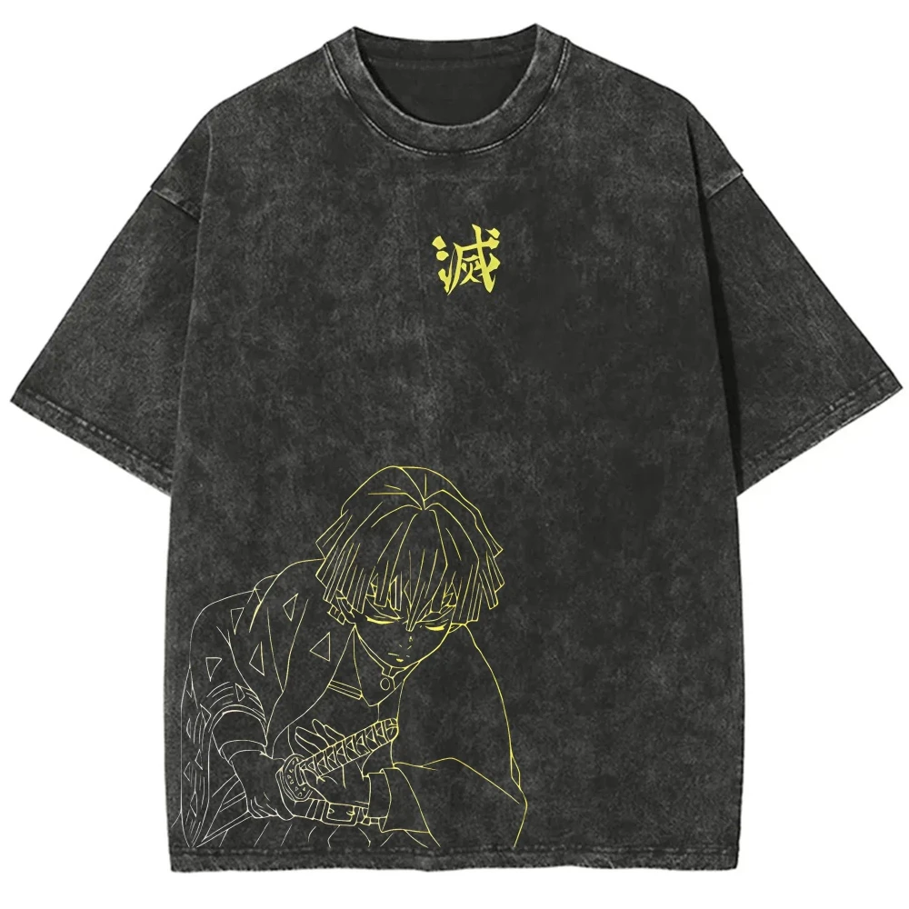 Demon Slayer Herren- und Damen-T-Shirt im Used-Look, Zenitsu Agatsuma, Sommer- und Frühlings-Anime-Freizeitshirt, Retro-Distressed-Kurzarmshirt