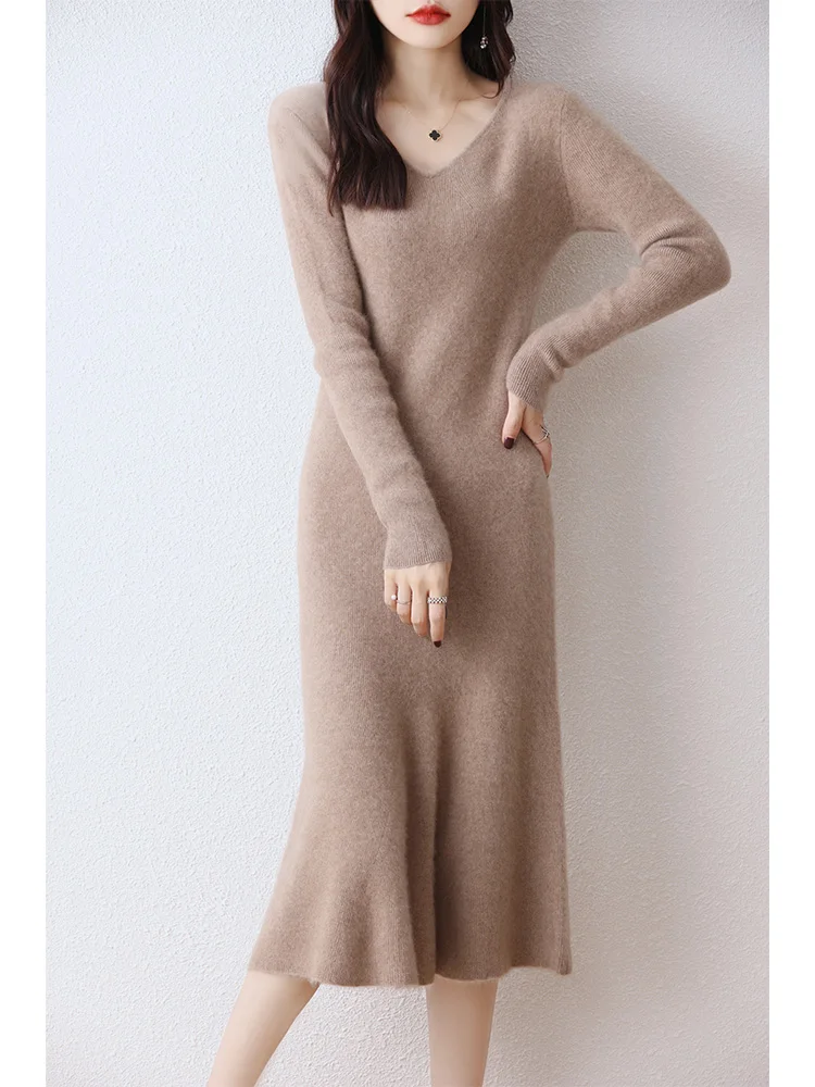 Autumn/Winter V-neck Mid Length 100%Wool Dress Women Slim Fit Knitted Bottom Fishtail Skirt Versatile Over the knee Long Sweater