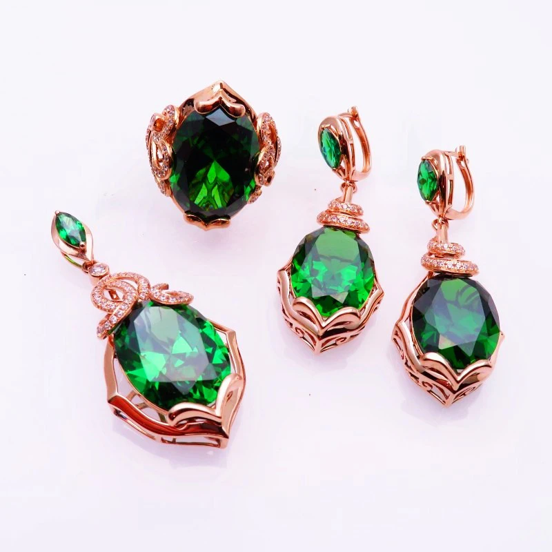 585 purple gold jewelry set plated 14K rose gold fashion luxury inlaid emerald earrings for women exquisite wedding necklace