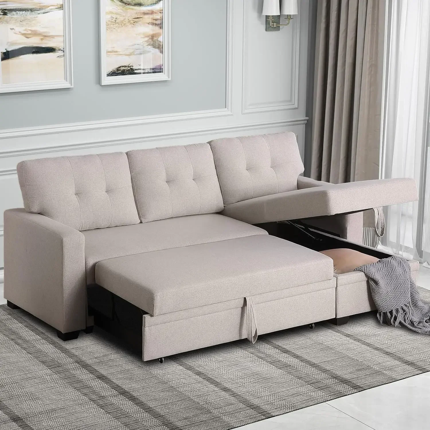 Sofá chaise en forma de L con almacenamiento y cama extraíble, cómodo sofá cama seccional multifuncional, color beige