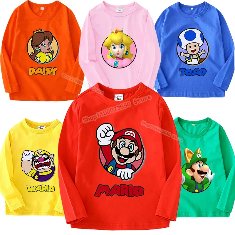 Super Mario Bros Round Neck Long Sleeves T-shirts Princess Peach Children Shirts Kids Print Boys Girls Spring Thin Clothes Gift