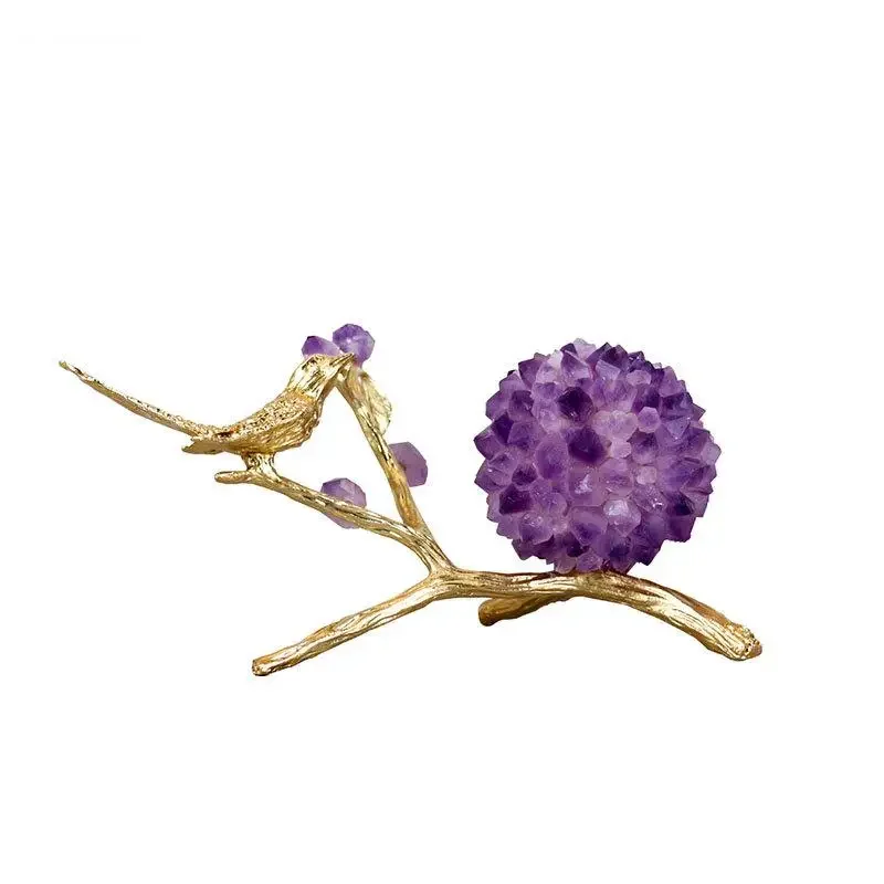 Golden Bird Artwork Amethyst Flower Ball Ornaments Desk Decoration Gold-plated Alloy Sculpture Crafts Room Aesthetics Decor