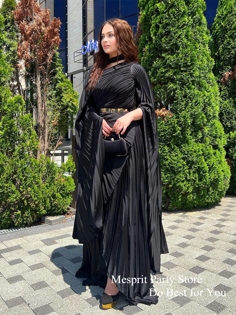 Saud Arabian Evening Dress with Cape Pleat A Line Party Dresses for Formal Occasions Custom Size Long Arabic Prom Gown