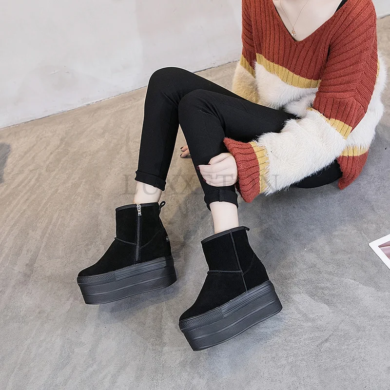 Platform Woman Ankle Boots Thick Heels Winter Suede Round Toe Shoes Wedge High Heels Black Zipper Female Boots for Workers