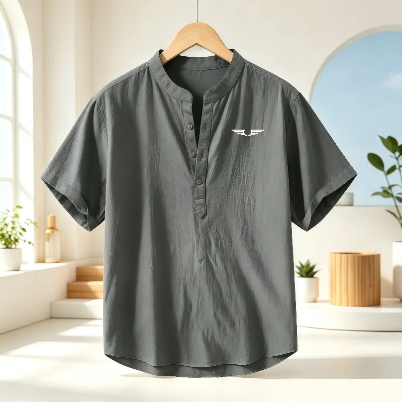 Men's cotton and linen Henley collar short sleeved shirt, pattern printed breathable casual top, loose stand collar lightweight view 3