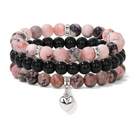 3pcs Natural Pink Zebra Jasper Beaded Bracelet Rhodonite Obsidian Heart Charm Bracelet Set For Women Men Healing Stone Bangles