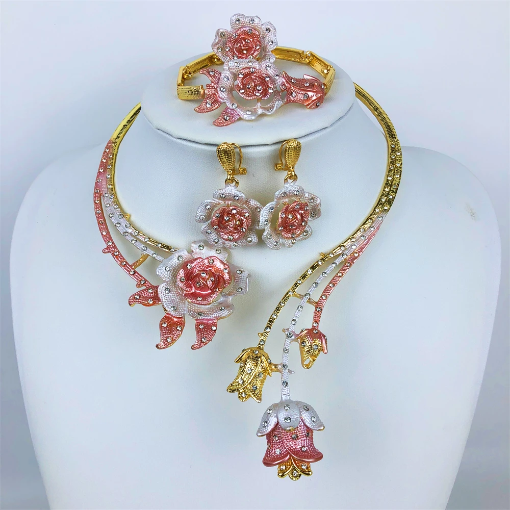 ESALE Classic Design Women Jewelry Set Brazil Gold Plated Necklace Earrings Ring Bracelet Luxury Dubai Jewelry Nigeria Trending