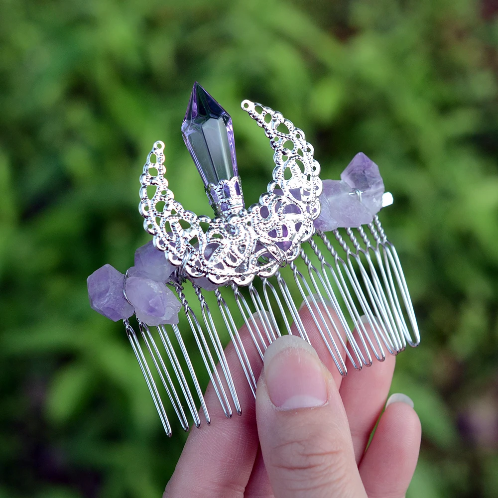 Crystal Amethyst Crescent Moon Haircomb Pagan Tiara Natural Stone Elf Hair Crowns Elven Hairclip for women