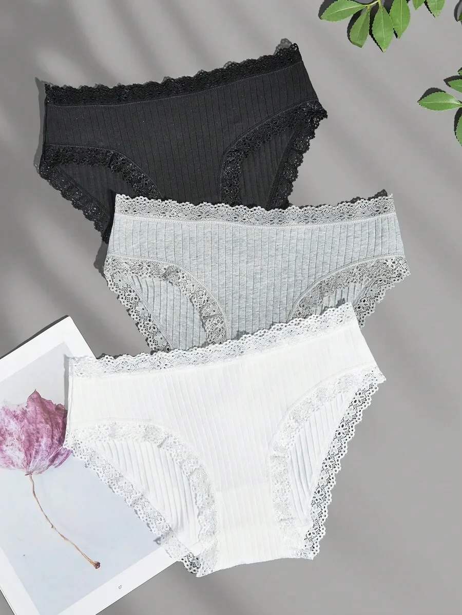 

Womens Knitted Briefs With Lace Trim Medium Stretch Panties